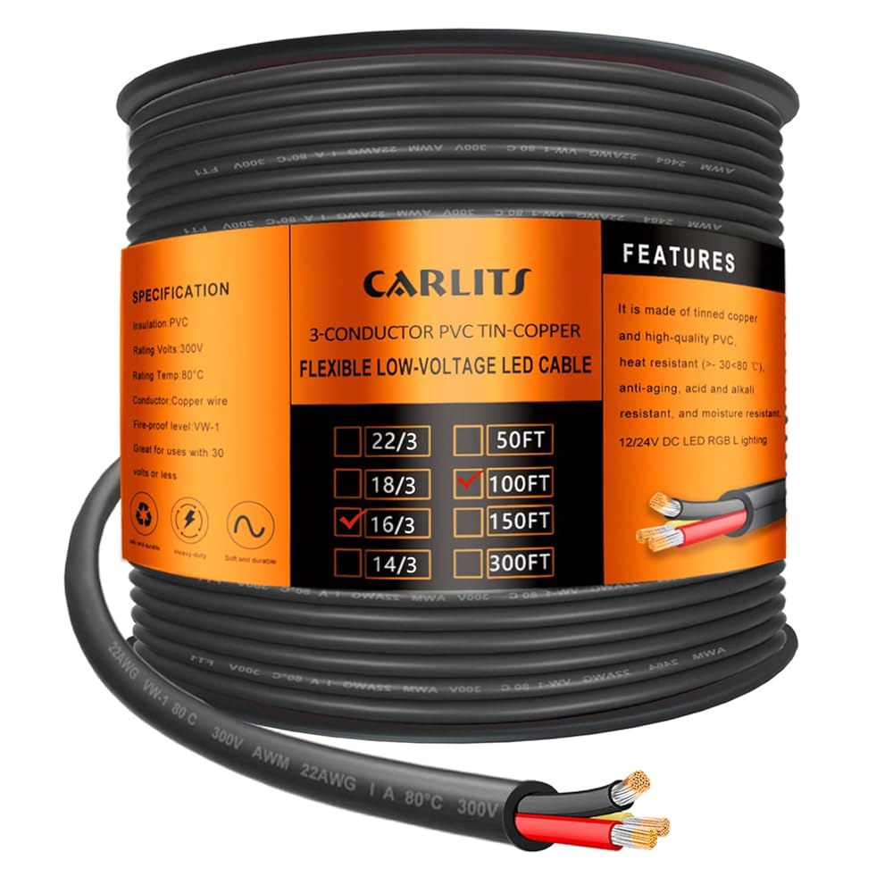 CARLITS 16 게이지 3 도체 전선, 100FT AWG 좌초 저전압 16/3 케이블 주석 구리, LED 램프용 유연한 연장 전원 코드 22 Gauge 50FT - 상품 이미지
