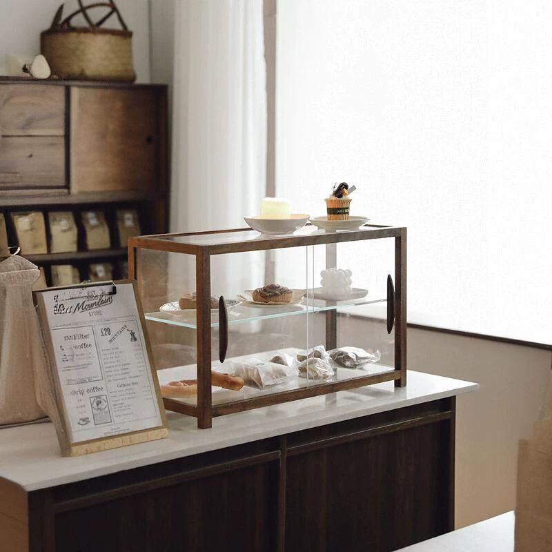 원목 유리 쇼케이스 미닫이장 베이커리 빵 보관함 빈티지 디저트 수납 - 상품 이미지