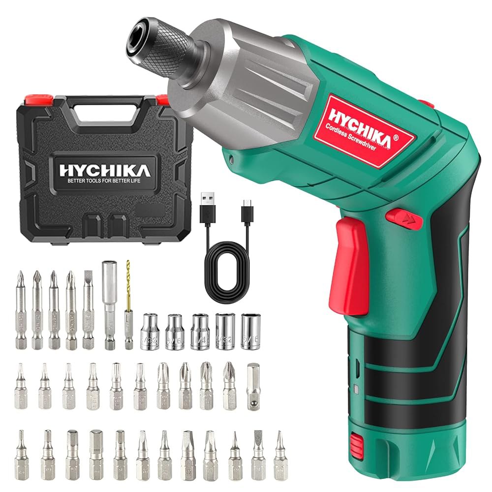 무선 드라이버, HYCHIKA 4V 2.0Ah 전기 드라이버 충전식 스크류 건 & 비트 세트, 전면 LED 및 후면 손전등, 래칫 렌치, USB 케이블 포함 DC 충전, 36pc - 상품 이미지