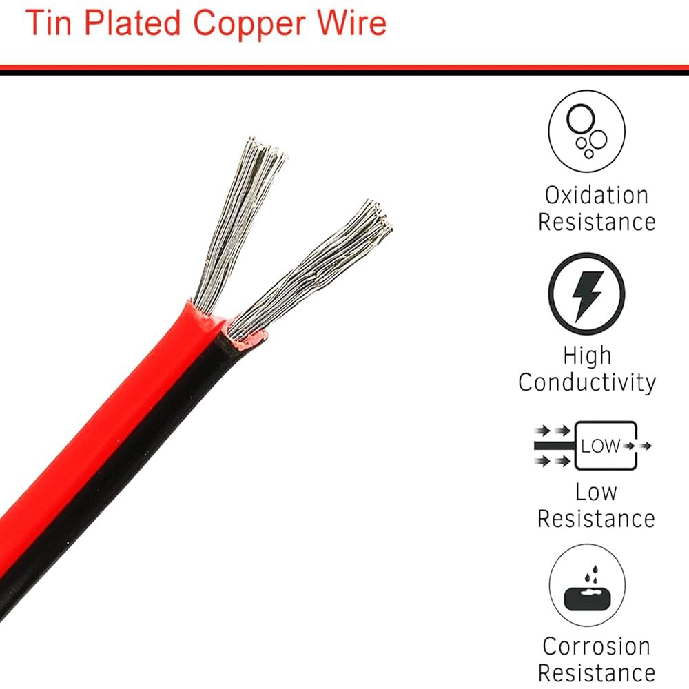 24 게이지 와이어(24 AWG) - 32피트 2핀 주석 처리된 순수 구리 전기 와이어, 2468 80 300V 후크업 레드 블랙 스트랜드 오토 2 코드 유연한 연장 케이블 LED - 상세 이미지 3