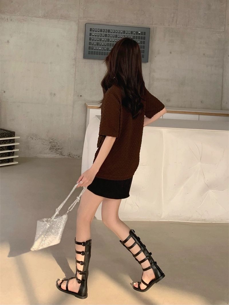 여성 롱부츠 스트랩 샌들 여름 낮은굽 롱레인부츠 버클 장화 스트링 - 상세 이미지 3