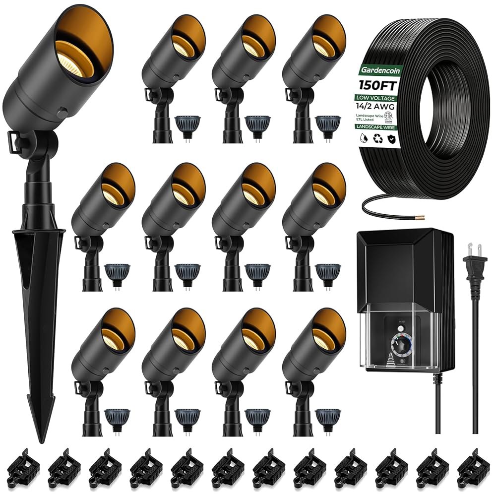 가든코인 올인원 LED 저전압 조경 조명 키트, 200W 변압기 150피트 와이어 및 12개의 패스트록 커넥터가 있는 5W 스포트라이트, 하우스 트리 야드 정원용 2700K 방수 - 상품 이미지