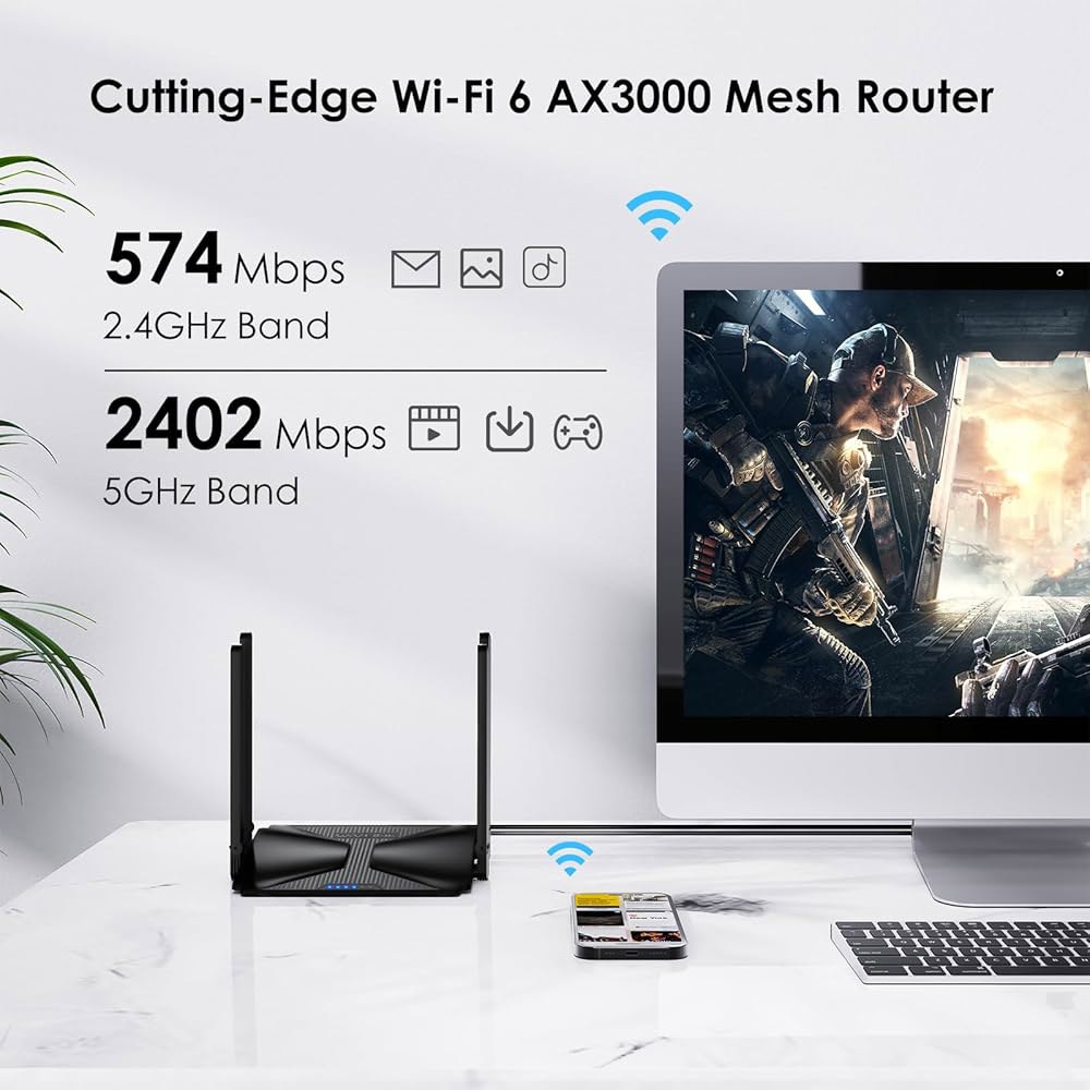WiFi 6 AX3000 무선 인터넷 고속 스마트 라우터, 5dBi 고이득 안테나, 듀얼 밴드 기가비트 컴퓨터 라우터 메시 지원, 최대 2000 평방 피트 가정용, VPN, 자녀 - 상세 이미지 3
