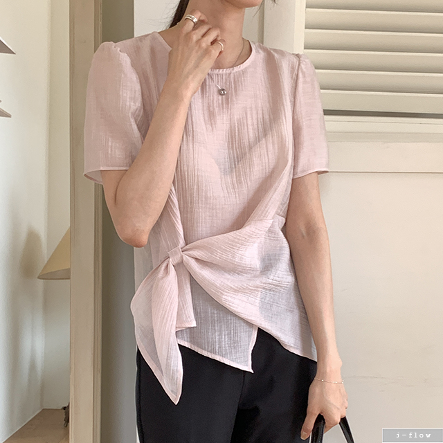 태티 매듭 언발 라운드 텐셀 블라우스 3col 여름 봄 반팔 시스루 꼬임 사선 제이플로우 이미지 8