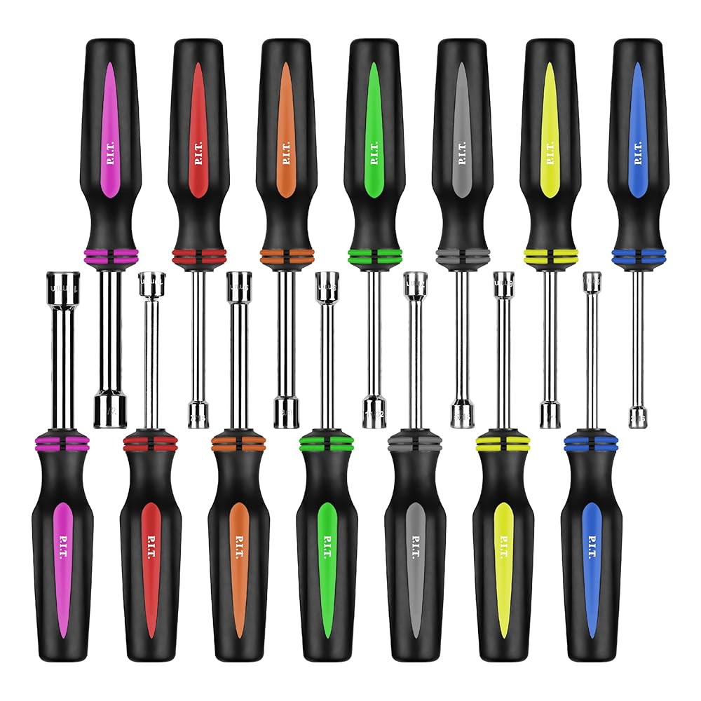 P.I.T.14PC SAE 및 메트릭 너트 드라이버 세트, 솔리드 샤프트 드라이버(3 /16 ~ 1 /2 인치 5 10 mm) 색상 코드 논슬립 컴포트 TPR 핸드 그립으로 패스너 - 상품 이미지