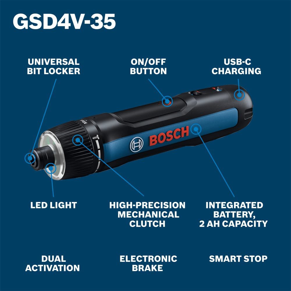 BOSCH GSD4V-35 4V Max USB-C 충전식 드라이버 - 컴팩트 디자인, 듀얼 활성화, 유니버설 비트 락커, 8가지 토크 설정, LED 워크라이트 - 상세 이미지 3