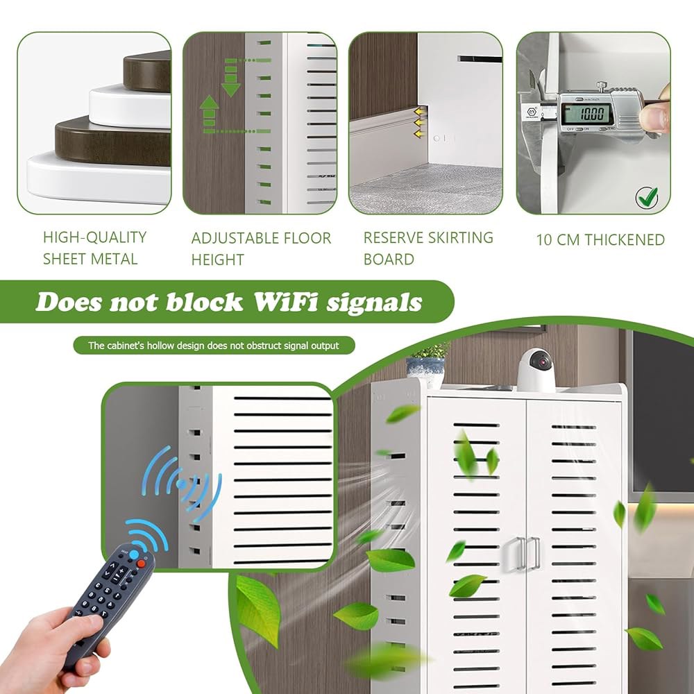 케이블 관리 기능이 있는 대형 WiFi 라우터 캐비닛 20 x31 x10 바닥 스탠딩 모뎀 정리함, 전원 스트립 및 네트워크용 화이트 전자 인클로저 white - 상세 이미지 3