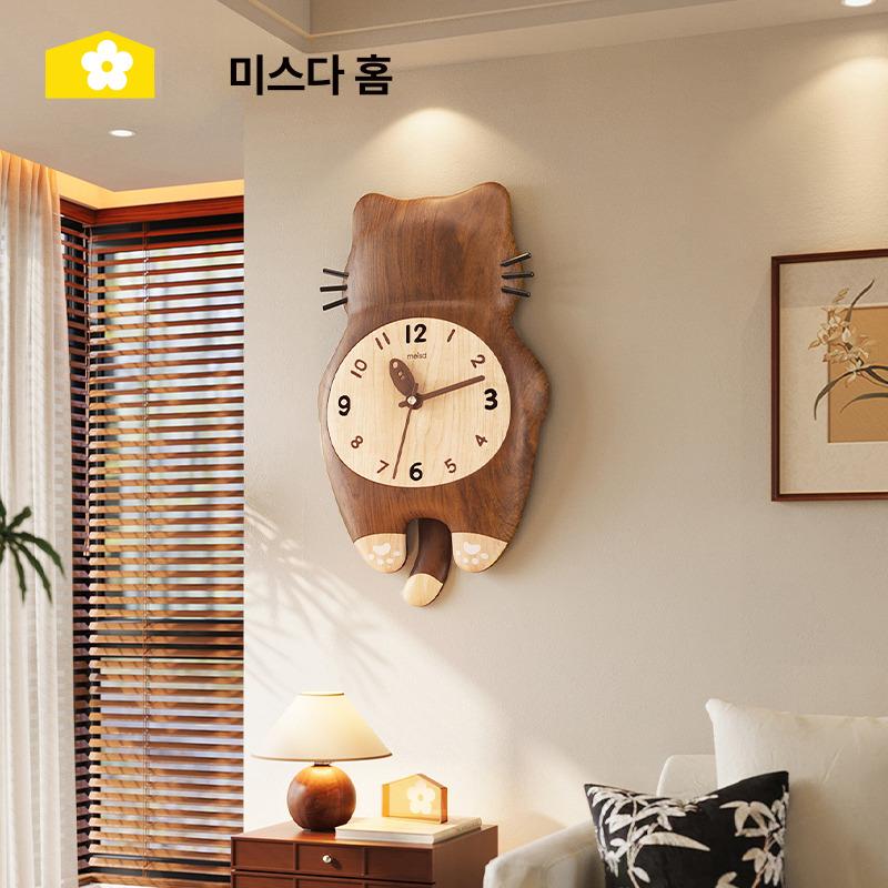 고양이 벽시계 꼬리움직이는 우드 귀여운 디자인 인테리어 원목 장식 모션 - 상세 이미지 2