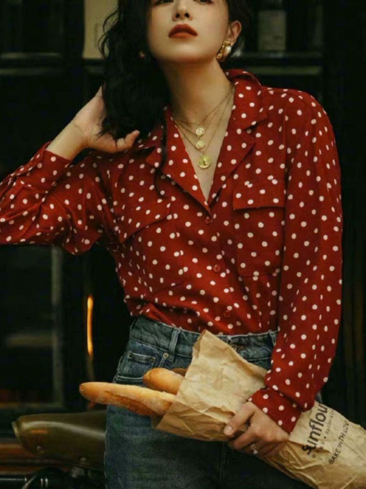 와인 스트라이프 도트 패턴 여름 반팔 블라우스 빈티지 감성 루즈핏 셔츠 - 상품 이미지