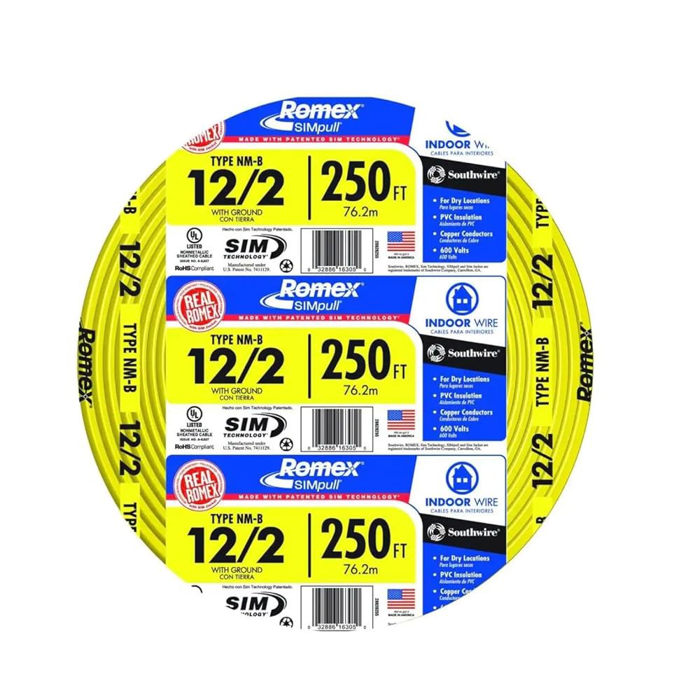 사우스와이어 28828255 250 12-2 NM-B 와이어, 12 AWG, 옐로우 25 ft (Single) 12/2 - 상품 이미지