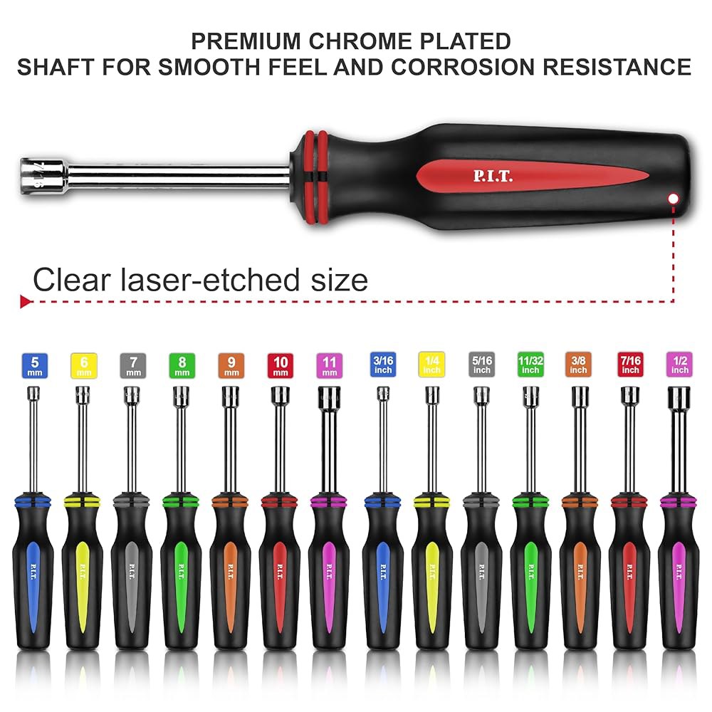 P.I.T.14PC SAE 및 메트릭 너트 드라이버 세트, 솔리드 샤프트 드라이버(3 /16 ~ 1 /2 인치 5 10 mm) 색상 코드 논슬립 컴포트 TPR 핸드 그립으로 패스너 - 상세 이미지 3