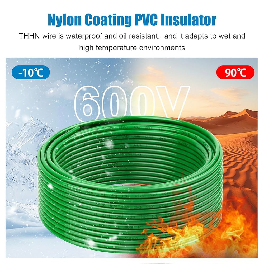 THN 와이어 12 게이지 200 FT OFC 전기선, AWG 솔리드 구리선, 주거용, CNC, 지상용, 산업용(12 게이지, 녹색) 최대 600V 건축용 나일론 재킷 등급 - 상세 이미지 3