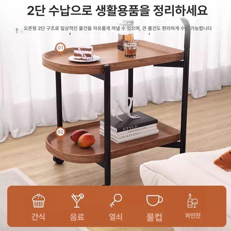 서빙카트 이동식트롤리 원목 빈티지 선반 웨건 거실 주방카트 심플 호두색 바퀴달린 - 상세 이미지 5