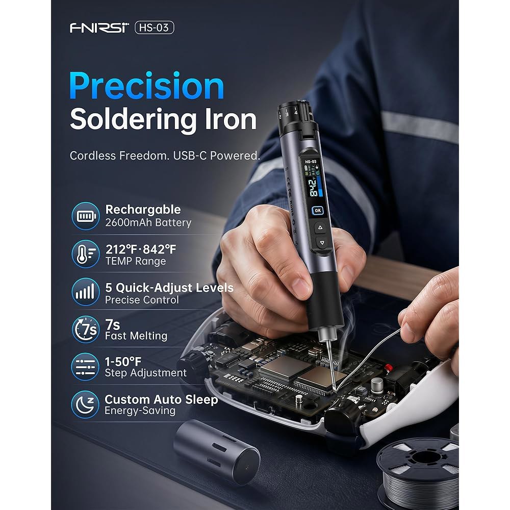 FNIRSI HS-03 무선 납땜 인두 키트, 2600mAh 배터리 휴대용 인두, 212-842 F, 3초 고속 가열, 5단계 온도, 0.96인치 IPS 디스플레이 전자 수리, - 상세 이미지 2