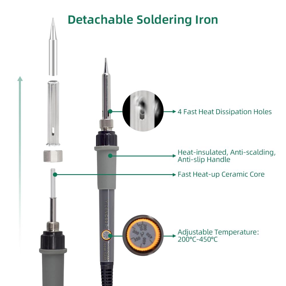 YICEN 납땜 아이언 키트 전기 60W 110V 온도 조절 가능 건 용접 도구, 5개 교체 팁 및 와이어(기본) - 상세 이미지 3