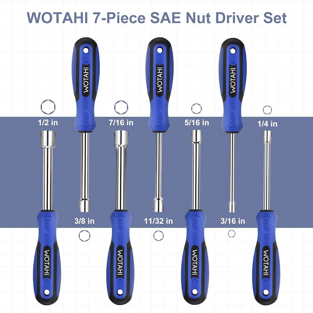 WOTAHI 7피스 SAE 너트 드라이버 세트 - 3/16, 1/4, 5/16, 11/32, 3/8, 7/16, 1/2인치 헥스 세트, 3.5인치(1인치 중공, 2.5인치 솔리드) - 상세 이미지 2