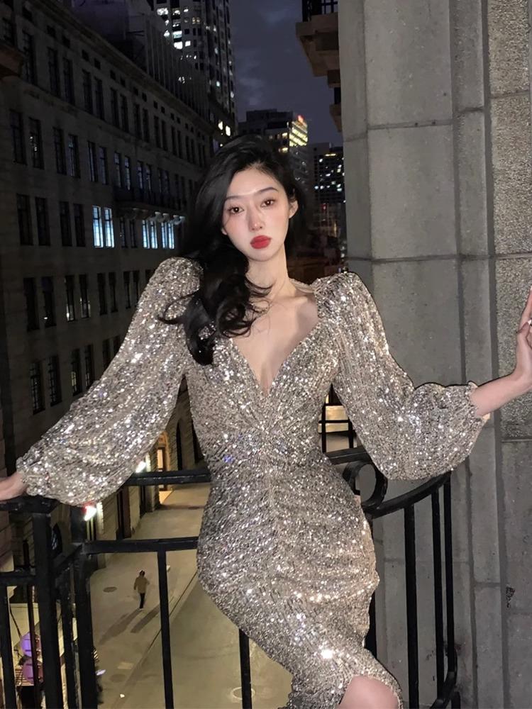 스팽글 원피스 반짝이는 머메이드 파티룩 글리터 하이 민소매 넥 여성 드레스 - 상품 이미지