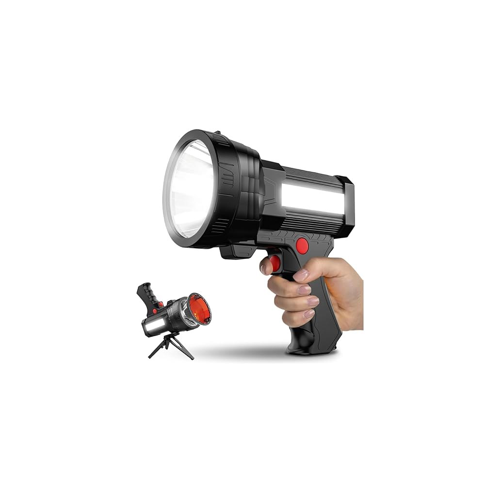 BIGSUN Q953 충전식 스포트라이트, COB 플러드 라이트가 장착된 고광도 LED 손전등 100,000개, 순찰, 작업, 사냥, 레드 렌즈 및 삼각대용 10,000mAh 리튬 - 상품 이미지