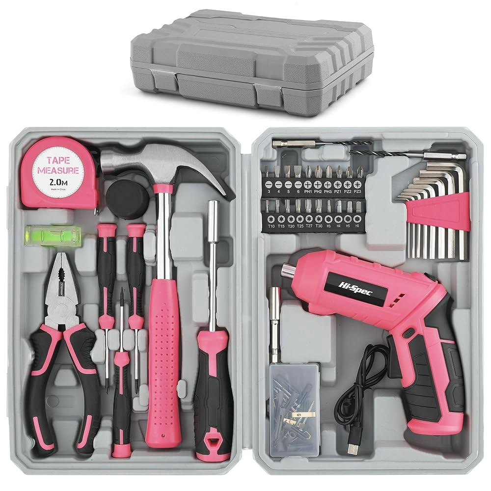 Hi-Spec 42pc 핑크 4V USB 전동 드라이버 및 가정용 공구 키트. 컴팩트 박스 케이스에 담긴 무선 수공구 4V Pink - 상품 이미지