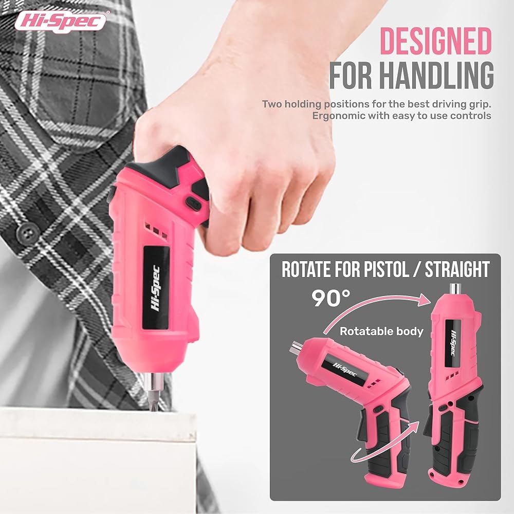 Hi-Spec 42pc 핑크 4V USB 전동 드라이버 및 가정용 공구 키트. 컴팩트 박스 케이스에 담긴 무선 수공구 4V Pink - 상세 이미지 2
