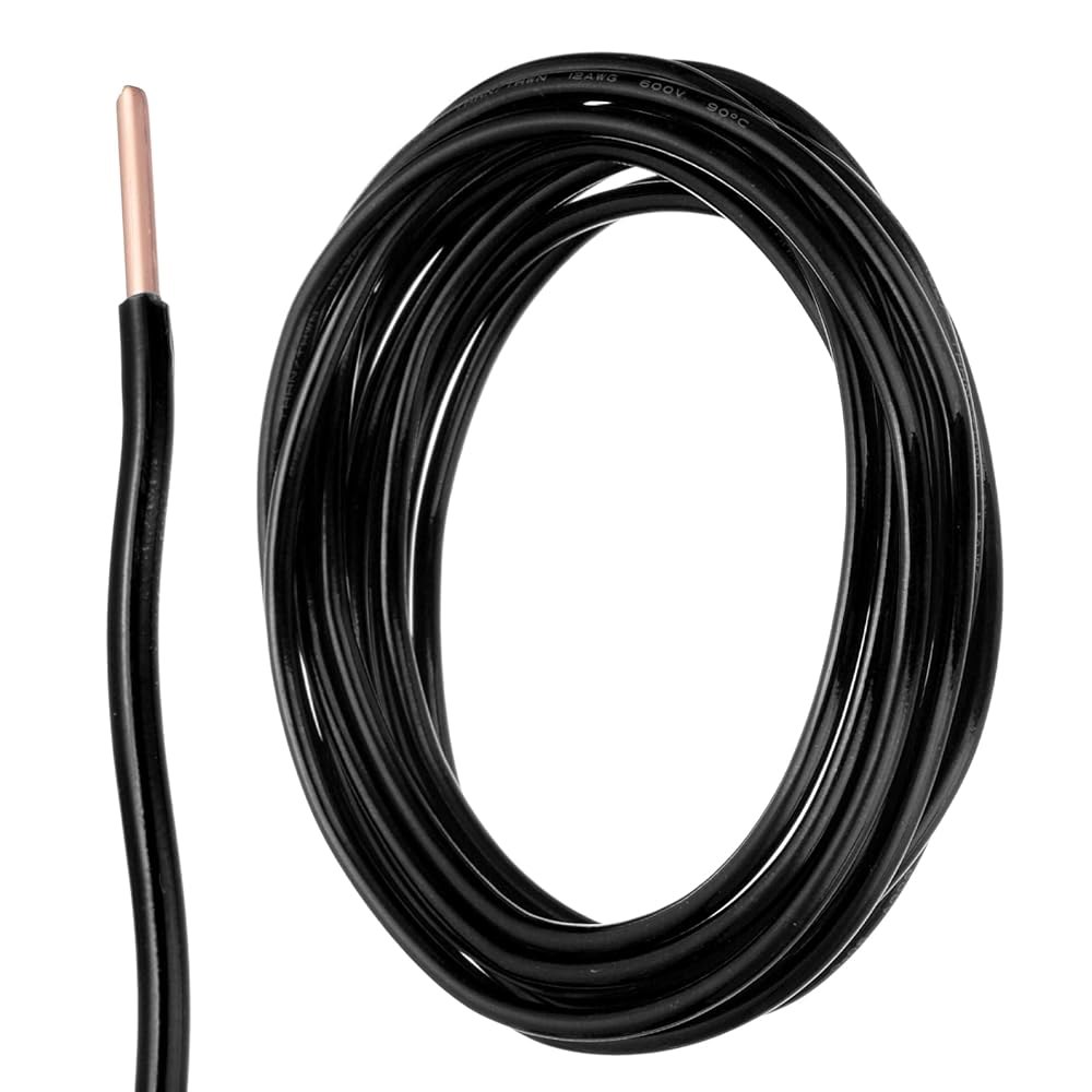MECCANIXITY THN 와이어 12 AWG 10피트 전기선 절연 고체 구리, 주거용 산업용 접지용 최대 600볼트 등급, UL 목록, 검은색 - 상품 이미지