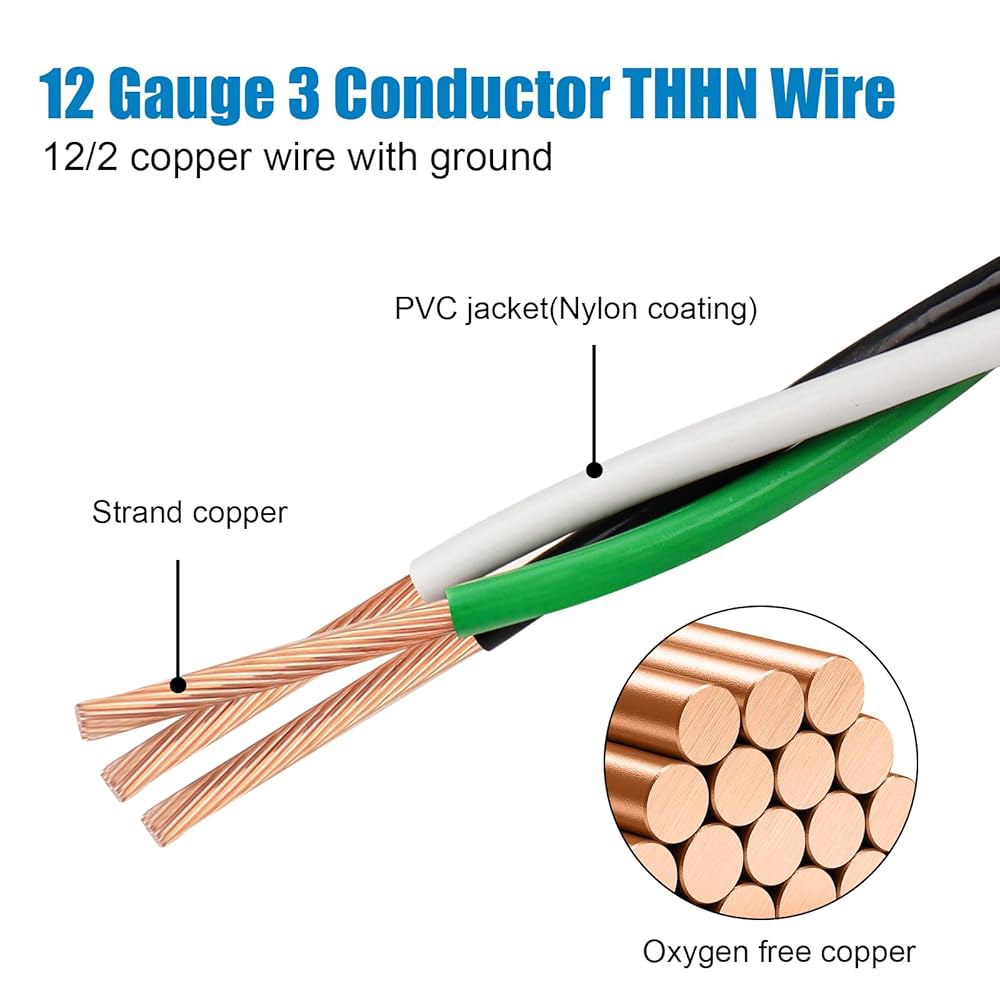 THN 와이어 12 게이지 50 FT 3 도체 구리 블랙 화이트 그린, 접지 600V 빌딩 나일론 재킷이 있는 AWG 주거용, CNC, 접지용, 산업용 - 상세 이미지 2