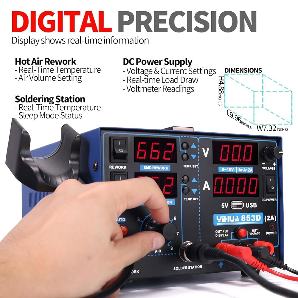 IHUA 853D 2A USB SMD 열풍 재작업 납땜 아이언 스테이션, 5V 충전 포트 및 35V DC 전압 테스트 미터가 있는 전원 공급 장치 0-15V 0-2A - 상세 이미지 3