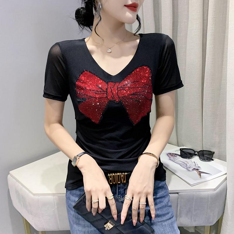 라인댄스복 상의 반팔 프린트 티셔츠 리본포인트 반짝이 사교 방송 스팽글 슬림핏 - 상세 이미지 4