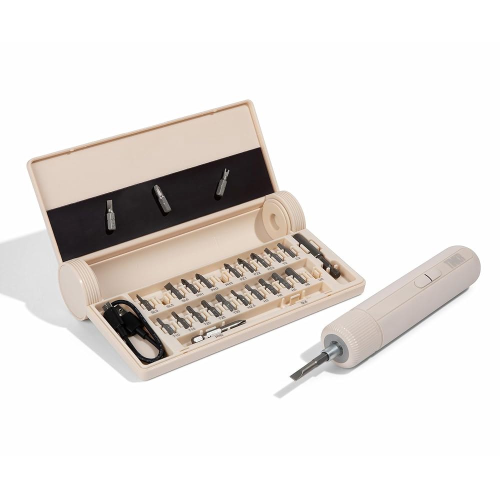 TINKR 전기 드라이버 세트, 토크 조절 가능한 3.6V 무선 충전식 드라이버(최대 8N m), 24 S2 비트, LED 조명, USB-C 고속 충전 및 보관 케이스(크림) - 상품 이미지