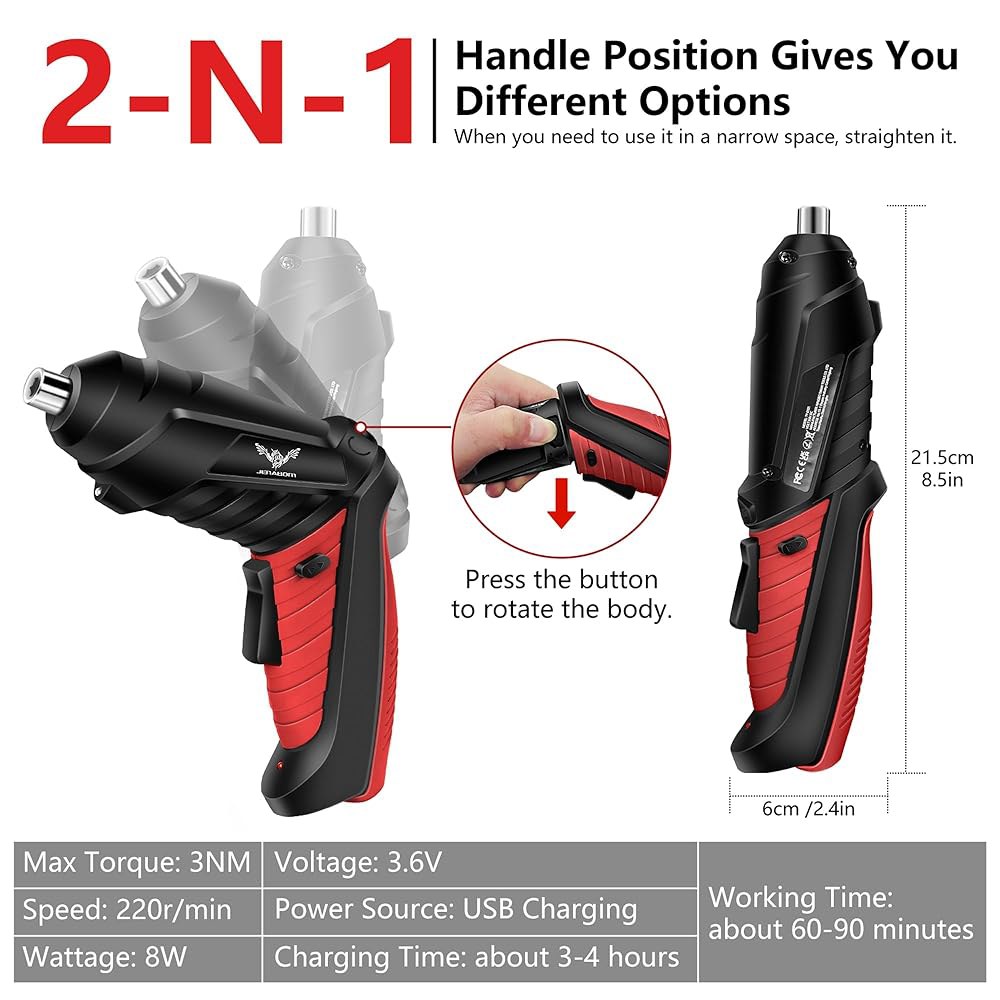 JENABOM 14 in 1 전기 드라이버 무선 3.6V 소형 전동 드릴 세트 3Nm 최대 토크, LED 조명으로 회전 가능 (빨간색) Red & Black - 상세 이미지 2