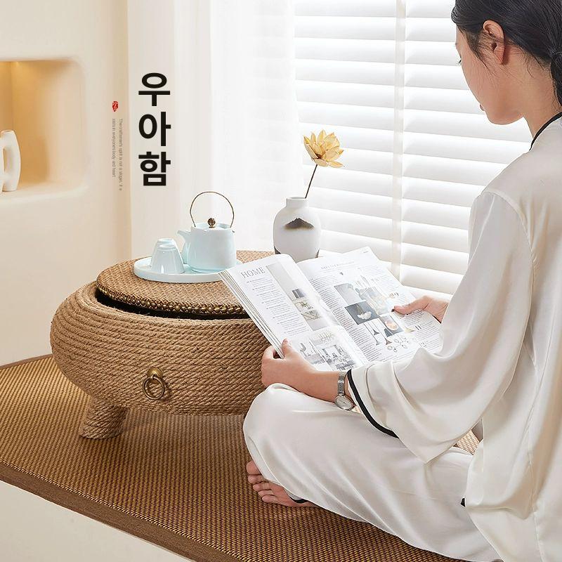 원형 라탄 좌식 테이블 미니 티테이블 다다미 거실 소파 커피 테이블 원탁 - 상세 이미지 4