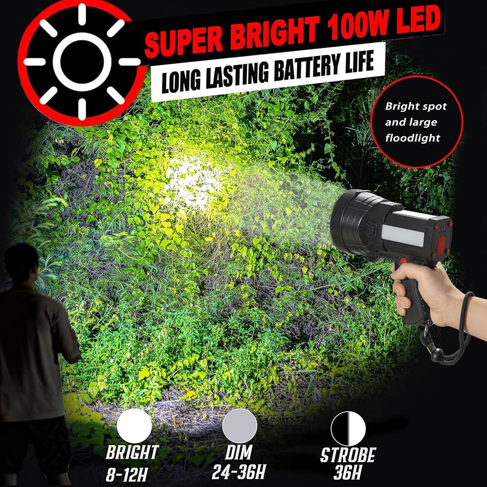 BIGSUN Q953 충전식 스포트라이트, COB 플러드 라이트가 장착된 고광도 LED 손전등 100,000개, 순찰, 작업, 사냥, 레드 렌즈 및 삼각대용 10,000mAh 리튬 - 상세 이미지 3
