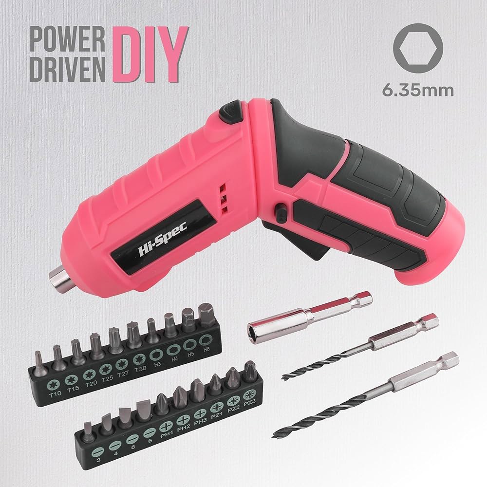 Hi-Spec 42pc 핑크 4V USB 전동 드라이버 및 가정용 공구 키트. 컴팩트 박스 케이스에 담긴 무선 수공구 4V Pink - 상세 이미지 3