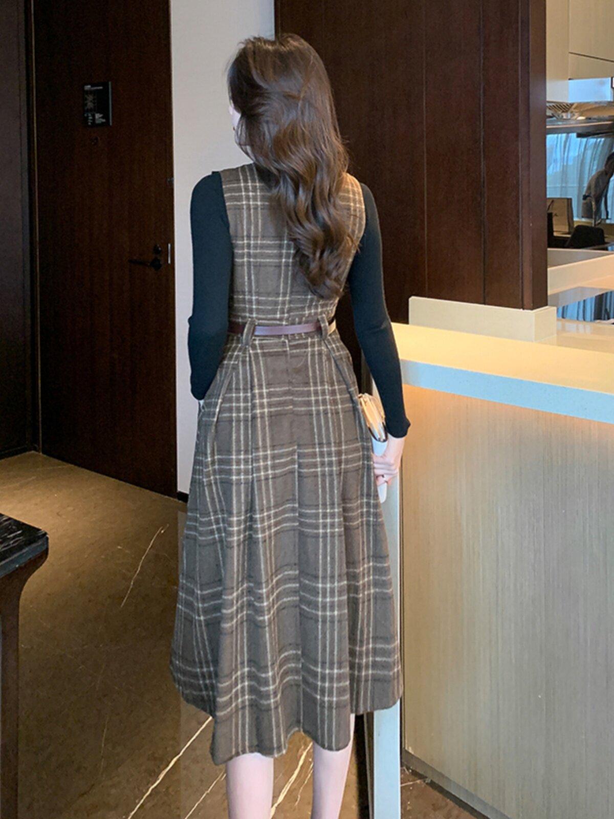 겨울 롱원피스 여성 빅사이즈 두껍고 따뜻한 골지 니트 카라 레이어링 옆트임 코르듀로이 - 상세 이미지 5