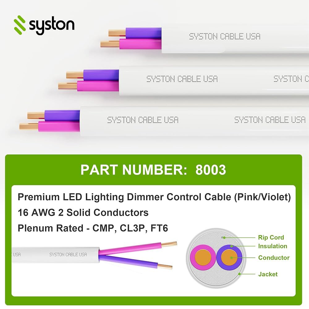 Syston 케이블 기술 16/2 LED 조명 디머 디밍 제어 와이어 케이블, 16 AWG 2 도체 솔리드 베어 구리 무차폐 플레넘 등급 CMP CL3P FT6, 밸러스트 배선 - 상세 이미지 3