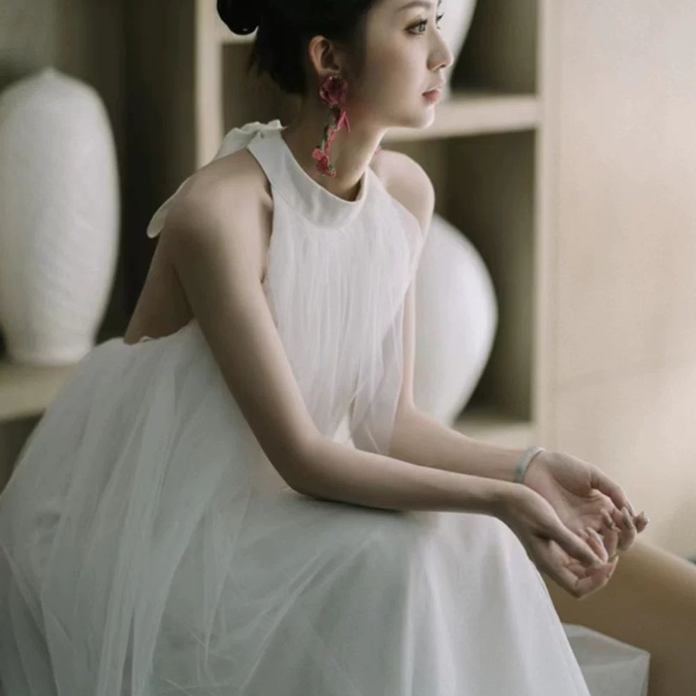 이브닝드레스 홀터넥웨딩드레스 결혼식 셀프웨딩촬영 브라이덜샤워 새틴 스냅촬영 - 상세 이미지 3