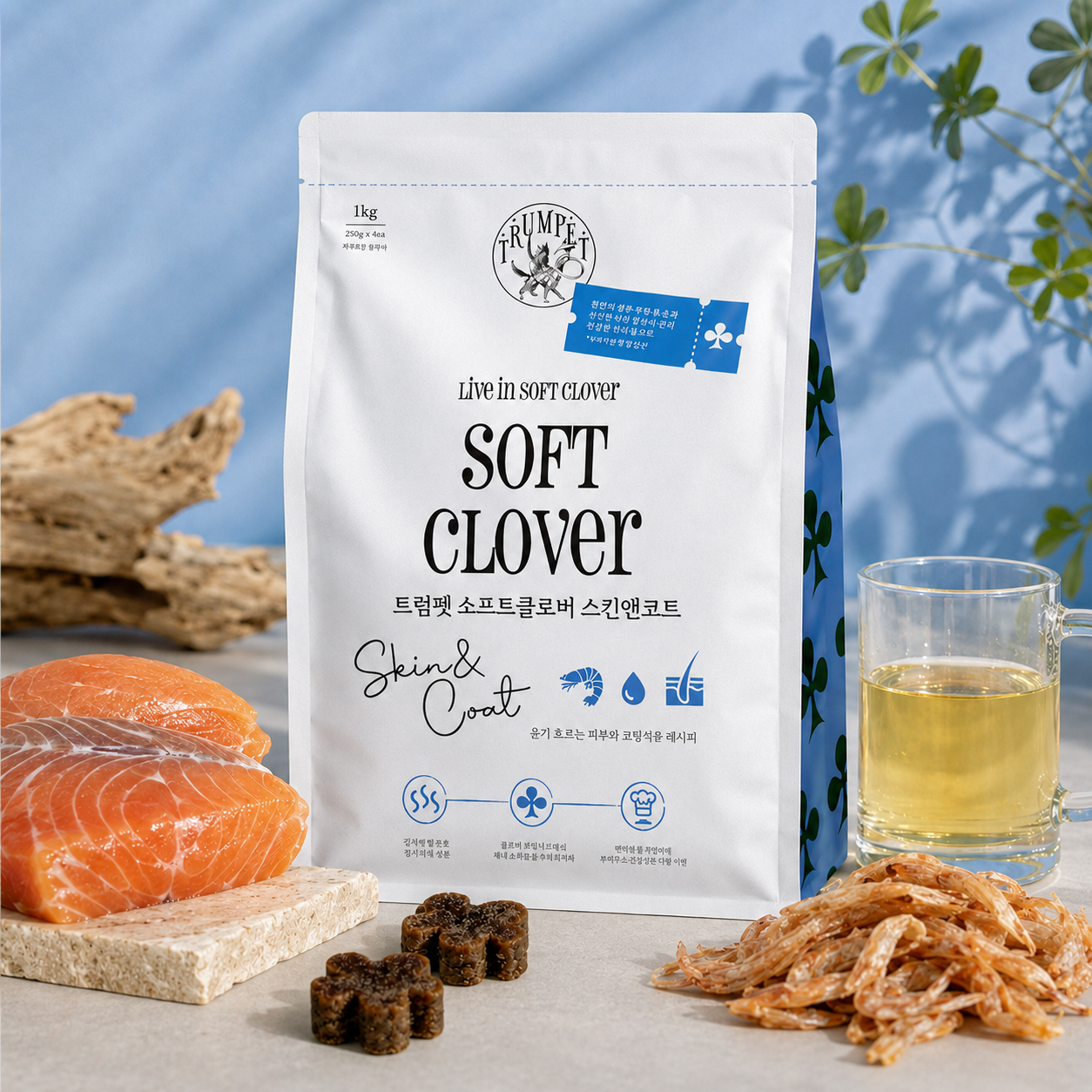 트럼펫 강아지 시료 소프트 클로버 노령견 관절 피부 면연력 사료 스킨앤코트, 1kg, 1개 - 상품 이미지