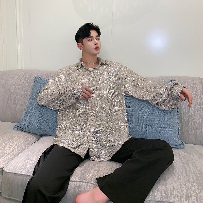 반짝이 트로트 방송 상의 댄스복 티셔츠 남성셔츠 반팔 남방 린넨 남자 캐주얼 체크 긴팔 - 상품 이미지