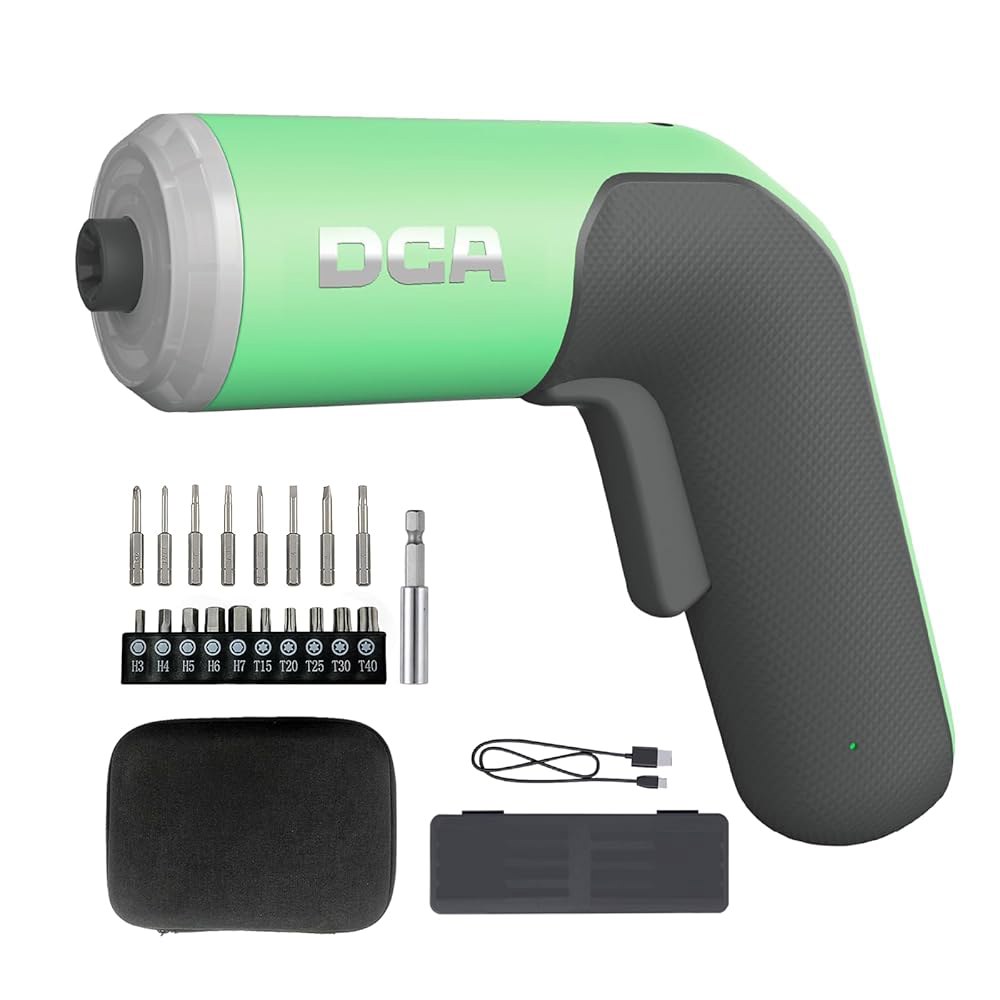 DCA 4V 전기 드라이버 세트, 5 Nm, 2000mAh 리튬 이온 배터리, 1/4인치 마그네틱 헥스 척, USB-C 충전 케이블, 가구 수리용 비트 18개, Green - 상품 이미지