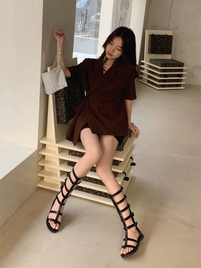 여성 롱부츠 스트랩 샌들 여름 낮은굽 롱레인부츠 버클 장화 스트링 - 상세 이미지 2