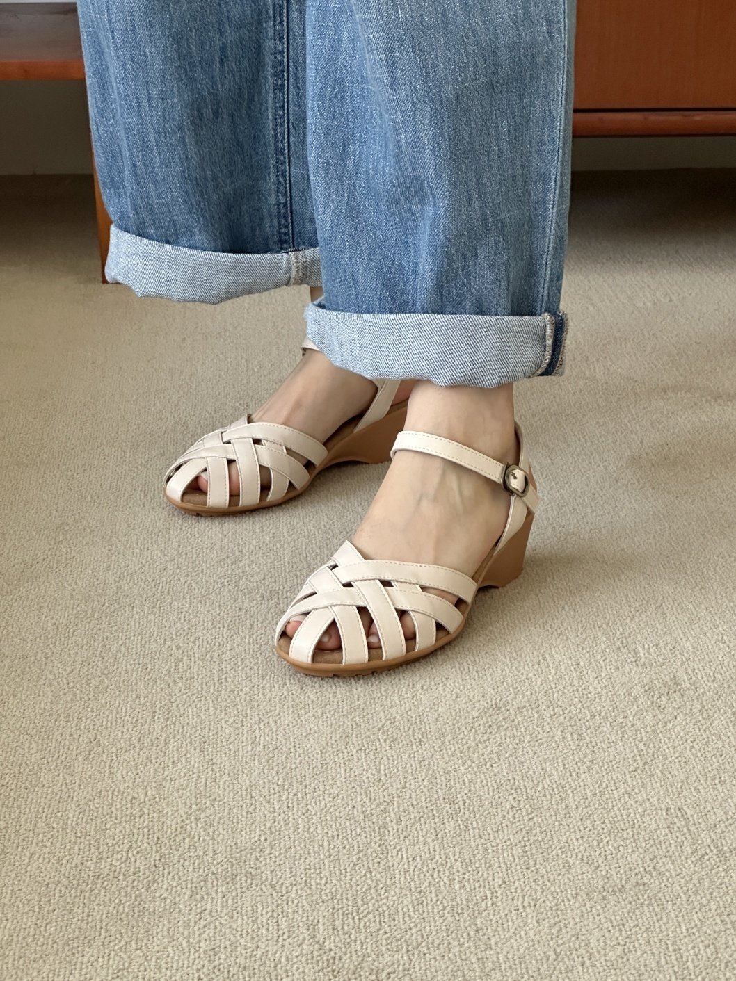 둥근코 위빙 짜임 웨지힐 여름 여성 발목 스트랩 샌들 5cm - 상세 이미지 5