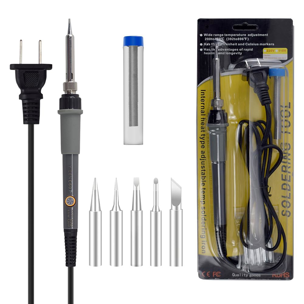 YICEN 납땜 아이언 키트 전기 60W 110V 온도 조절 가능 건 용접 도구, 5개 교체 팁 및 와이어(기본) - 상품 이미지