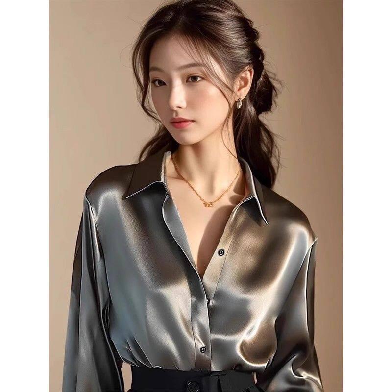 실크 새틴 블라우스 셔링 시스루 하이넥 루즈핏 카라 하객룩 여성상의 - 상세 이미지 5