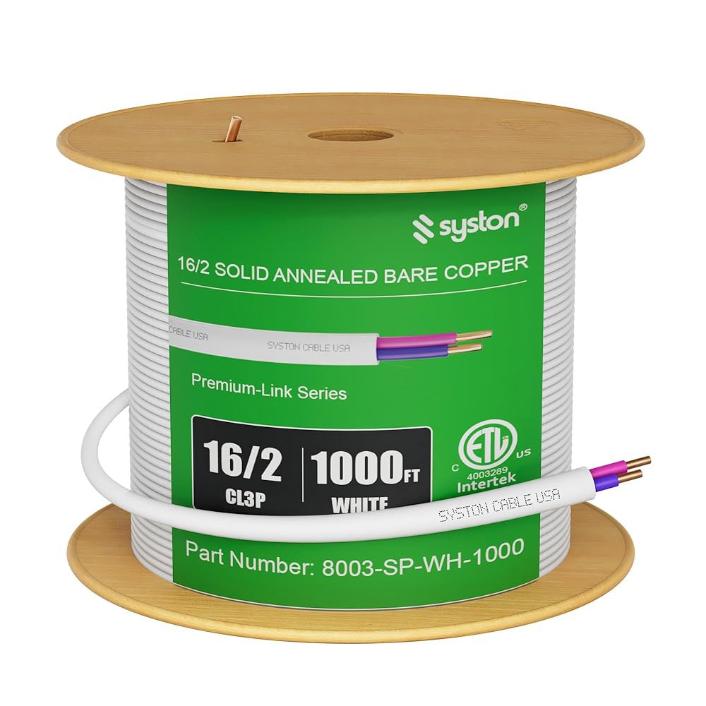 Syston 케이블 기술 16/2 LED 조명 디머 디밍 제어 와이어 케이블, 16 AWG 2 도체 솔리드 베어 구리 무차폐 플레넘 등급 CMP CL3P FT6, 밸러스트 배선 - 상품 이미지
