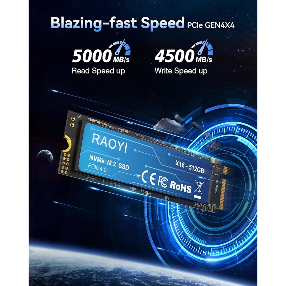 RAOYI 512GB NVMe 내장 솔리드 스테이트 드라이브 M.2 2280 PCIe Gen4x4 SSD, 최대 5000MB/s, PS5 노트북 데스크탑용 SLC 캐시, 스토리지 - 상세 이미지 2