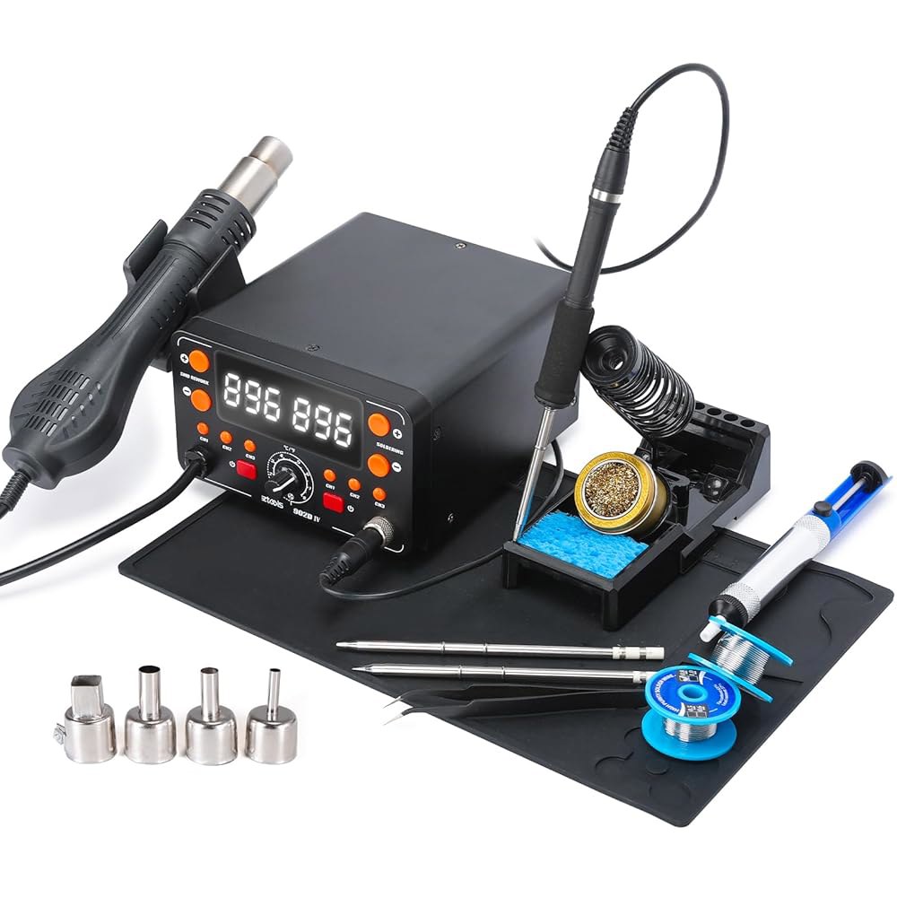 EZTOOLs 902D IV T12 열풍 납땜 스테이션 2-IN-1 키트, 초대형 디스플레이, 소형 실리콘 작업 매트, 팁 2개, 어리버리 핀셋 2개 포함 - 상품 이미지