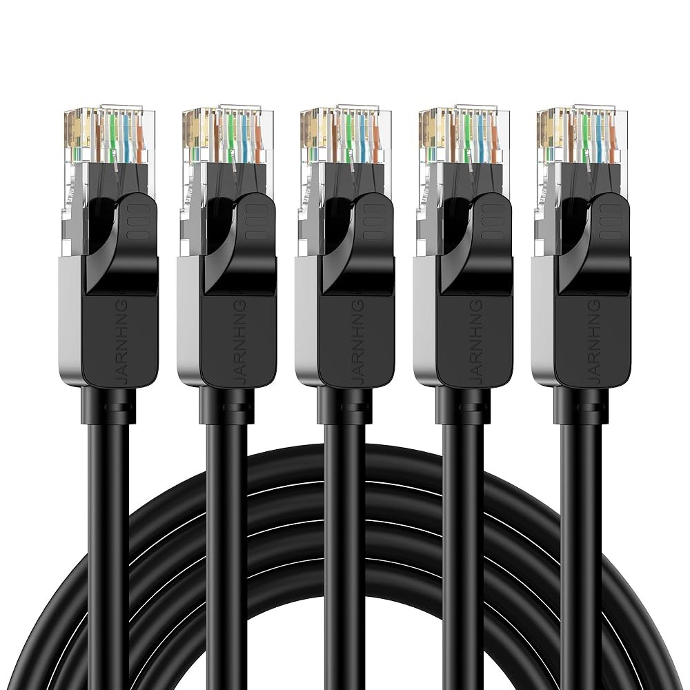 JARNHNG Cat 6 이더넷 케이블 6피트, 5팩, 블랙, RJ45, 고속 10Gbps, 실내/외, 컴퓨터, 프린터, 라우터, 게임 콘솔과 호환 가능 1.5FT 1 - 상품 이미지