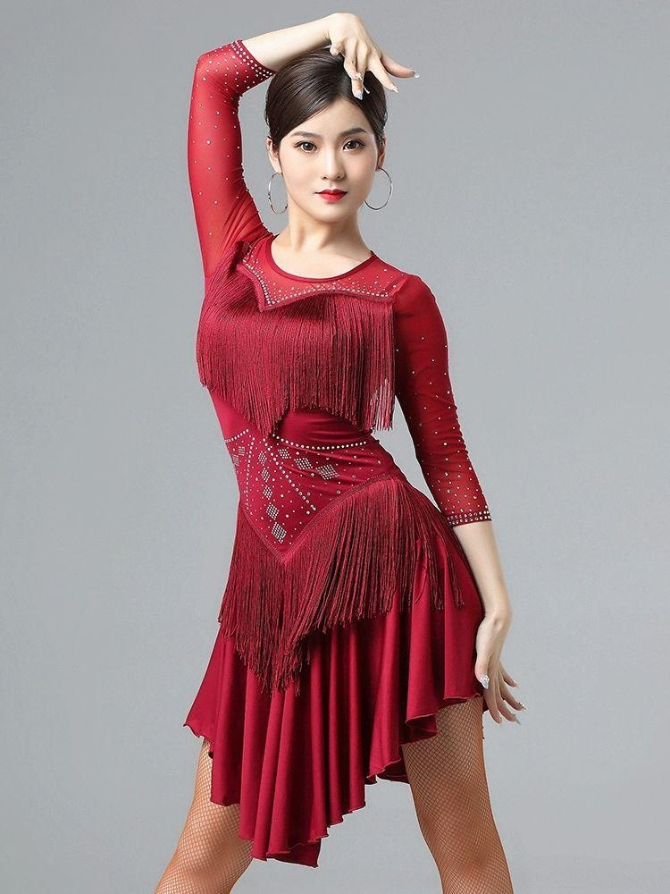 폴댄스복 폴복 라인댄스 원피스 밸리 단추 밸리댄스 댄스 라틴댄스 반바지 무대의상 술색 - 상품 이미지