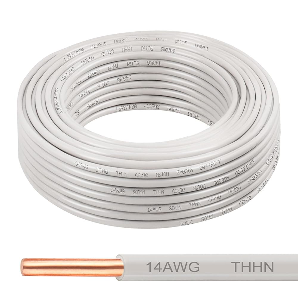 THN 와이어 14 게이지 50 FT, 나일론 재킷 PVC 단열재가 있는 AWG 솔리드 OFC 구리 전기 빌딩 와이어, 주거용, 산업용, CNC, 접지용 600V 등급(14 게이지 - 상품 이미지
