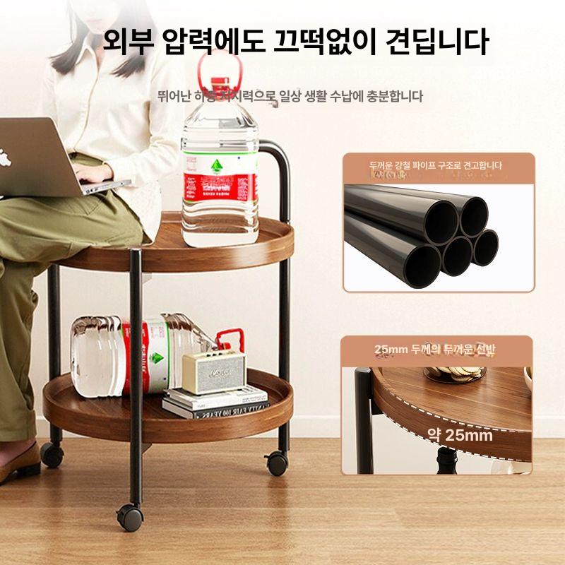 원형 원목트롤리 커피 엔틱 월넛색 웨건 바퀴 서빙카트 빈티지 - 상세 이미지 2